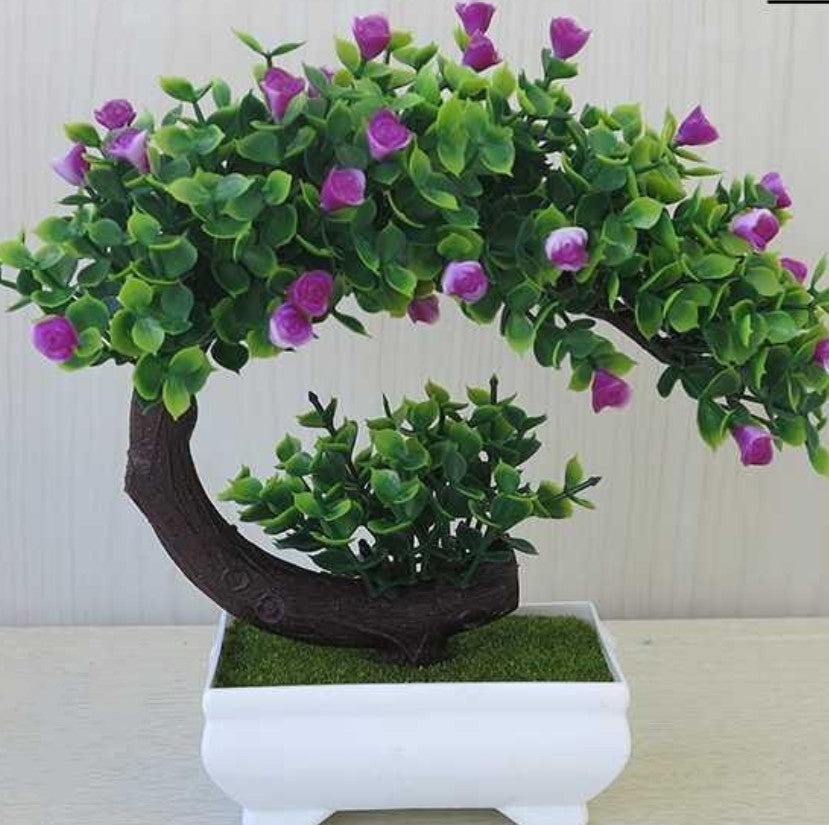 Artificial Plastic Bonsai with Silk Flowers – Decorative Fake Plant for Home & Office Decoration (20cm)