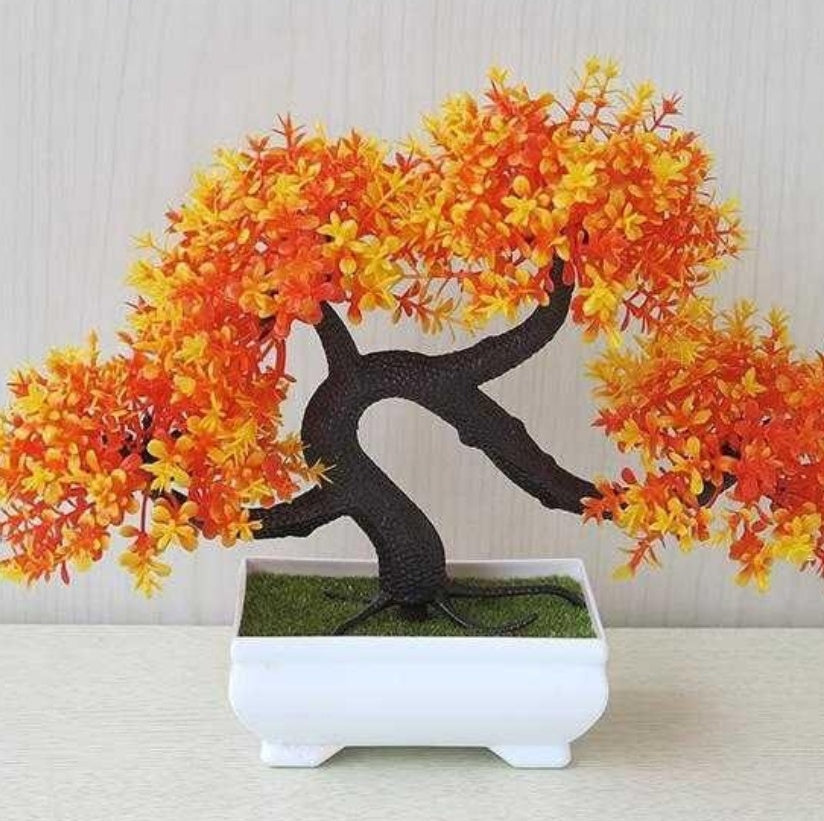 Artificial Plastic Bonsai with Silk Flowers – Decorative Fake Plant for Home & Office Decoration (20cm)