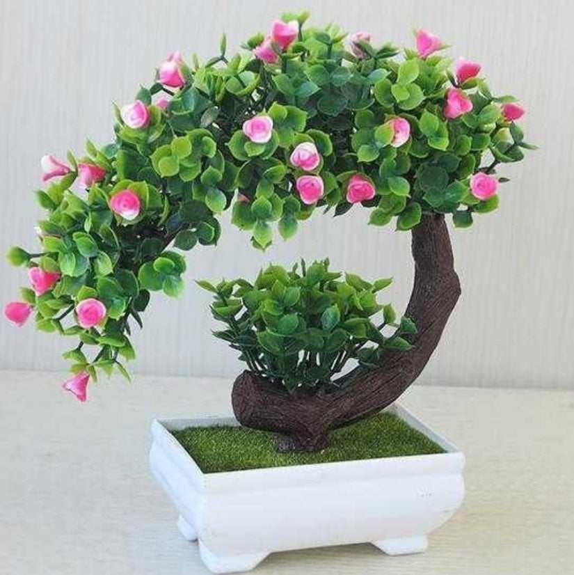 Artificial Plastic Bonsai with Silk Flowers – Decorative Fake Plant for Home & Office Decoration (20cm)