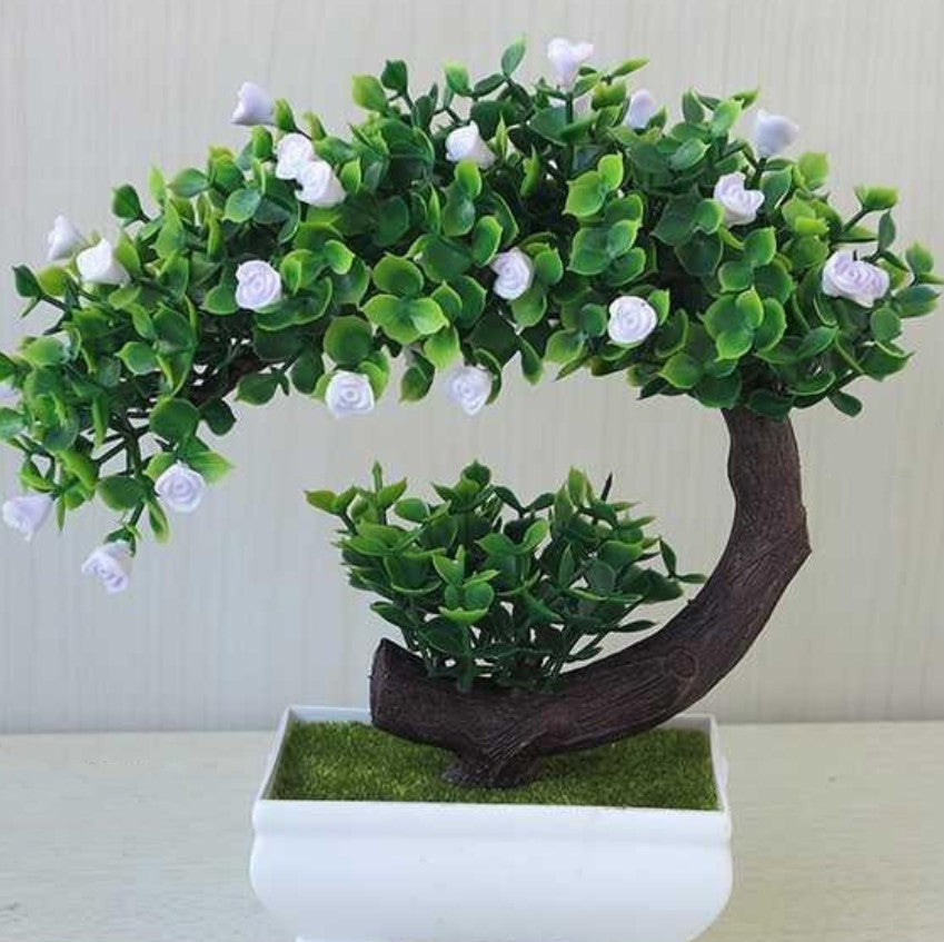 Artificial Plastic Bonsai with Silk Flowers – Decorative Fake Plant for Home & Office Decoration (20cm)