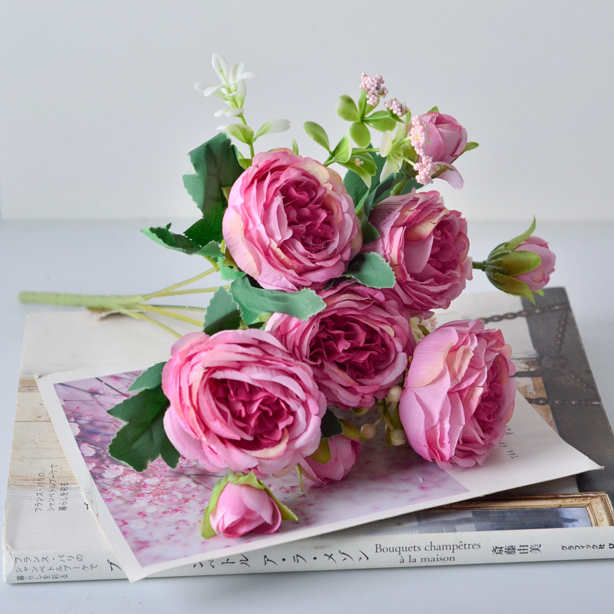Korean Silk Hand Holding Flower Bouquet – 5 Spring Peonies Artificial Wedding & Home Decoration Bouquet (31cm)