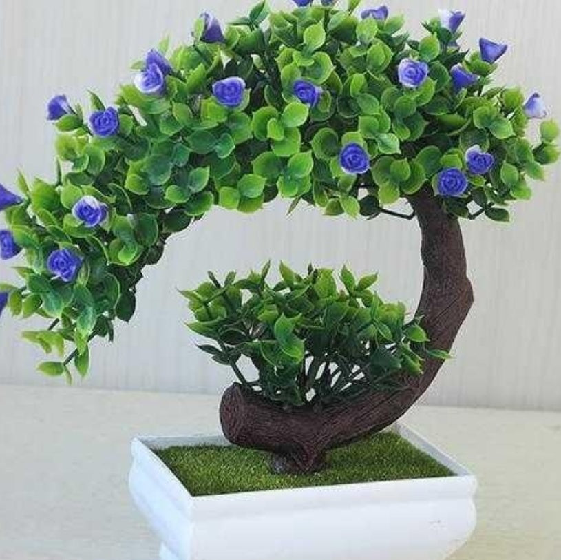 Artificial Plastic Bonsai with Silk Flowers – Decorative Fake Plant for Home & Office Decoration (20cm)
