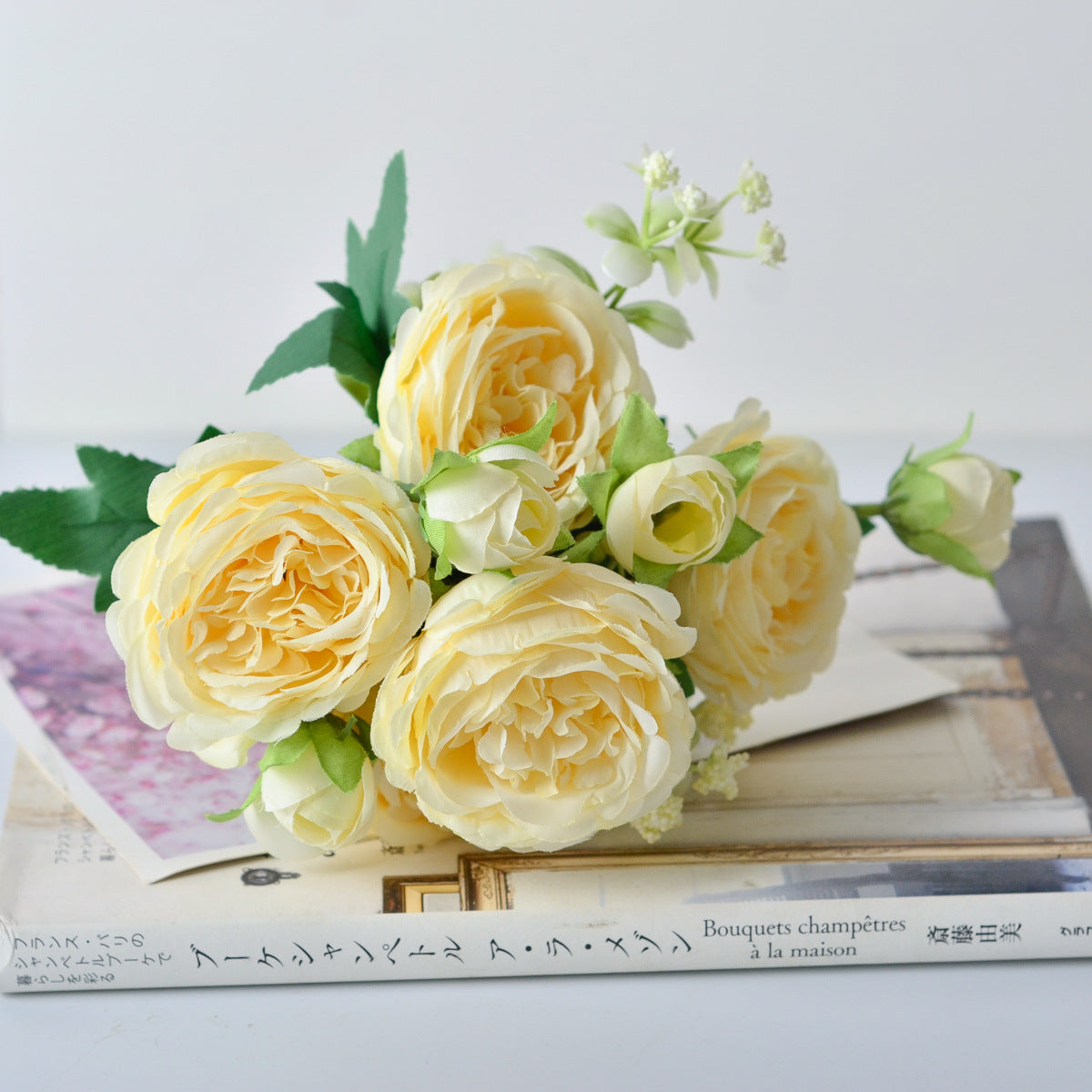 Korean Silk Hand Holding Flower Bouquet – 5 Spring Peonies Artificial Wedding & Home Decoration Bouquet (31cm)