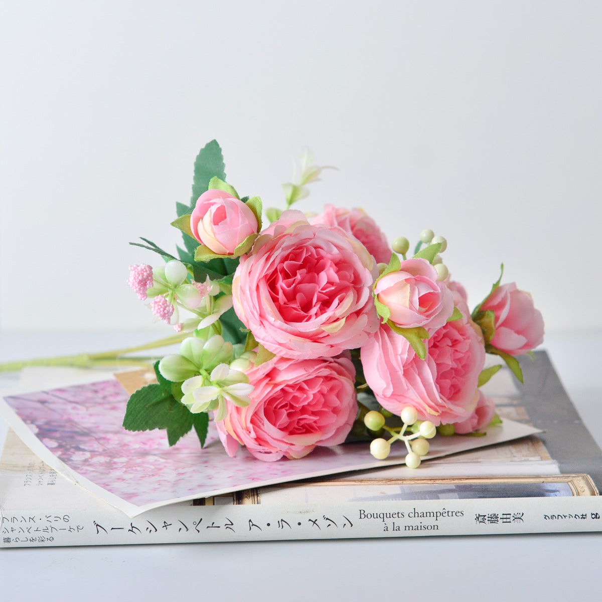 Korean Silk Hand Holding Flower Bouquet – 5 Spring Peonies Artificial Wedding & Home Decoration Bouquet (31cm)