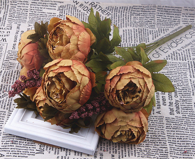 13-Piece European Style Core-Spun Peony Artificial Flowers Bouquet – High-End Silk Peony Arrangement (47cm Decorative Flowers)