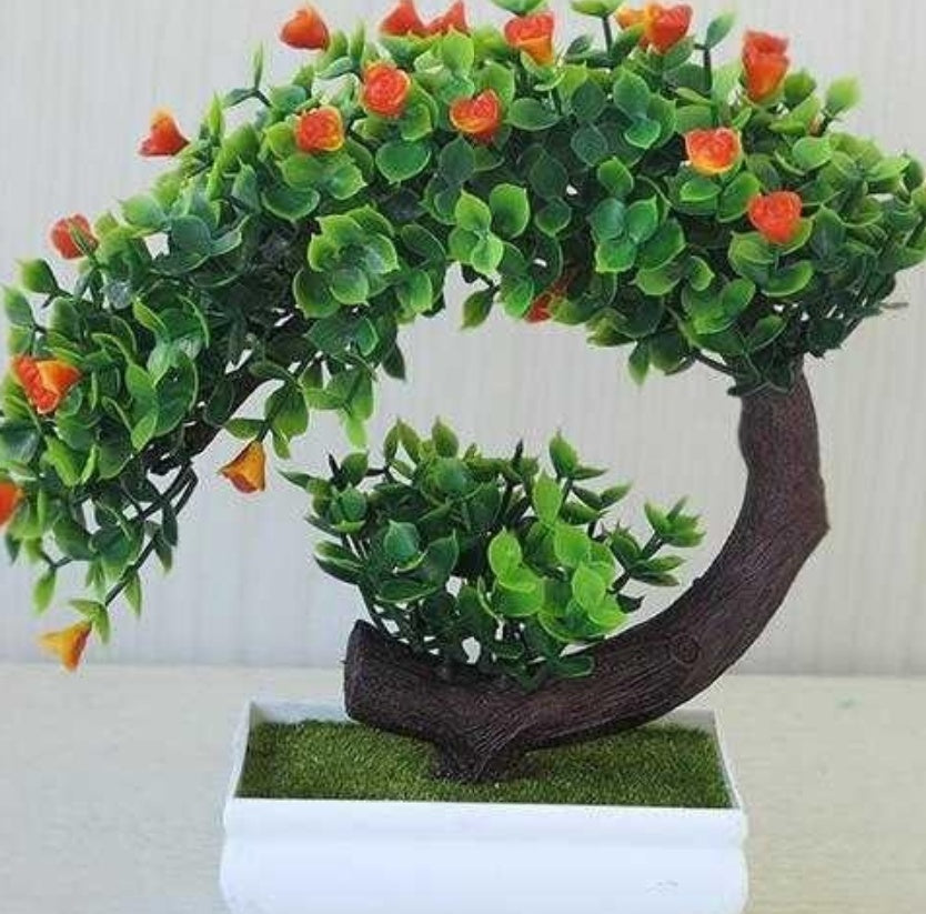 Artificial Plastic Bonsai with Silk Flowers – Decorative Fake Plant for Home & Office Decoration (20cm)