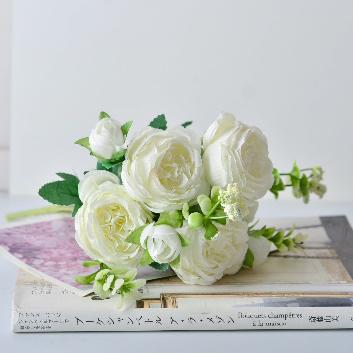 Korean Silk Hand Holding Flower Bouquet – 5 Spring Peonies Artificial Wedding & Home Decoration Bouquet (31cm)