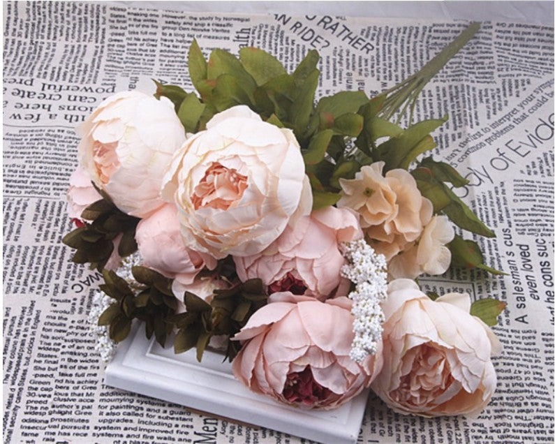 13-Piece European Style Core-Spun Peony Artificial Flowers Bouquet – High-End Silk Peony Arrangement (47cm Decorative Flowers)
