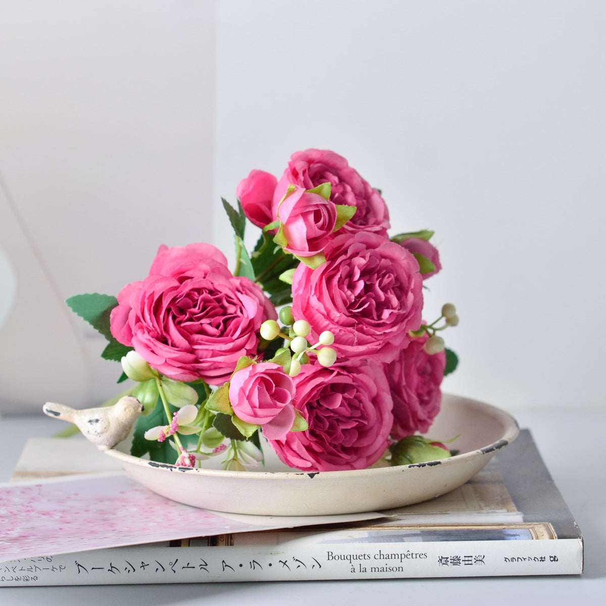 Korean Silk Hand Holding Flower Bouquet – 5 Spring Peonies Artificial Wedding & Home Decoration Bouquet (31cm)