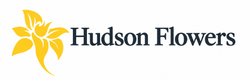 Hudson Flowers logo featuring a yellow stylized flower icon next to the brand name in dark navy blue text on a plain white background.