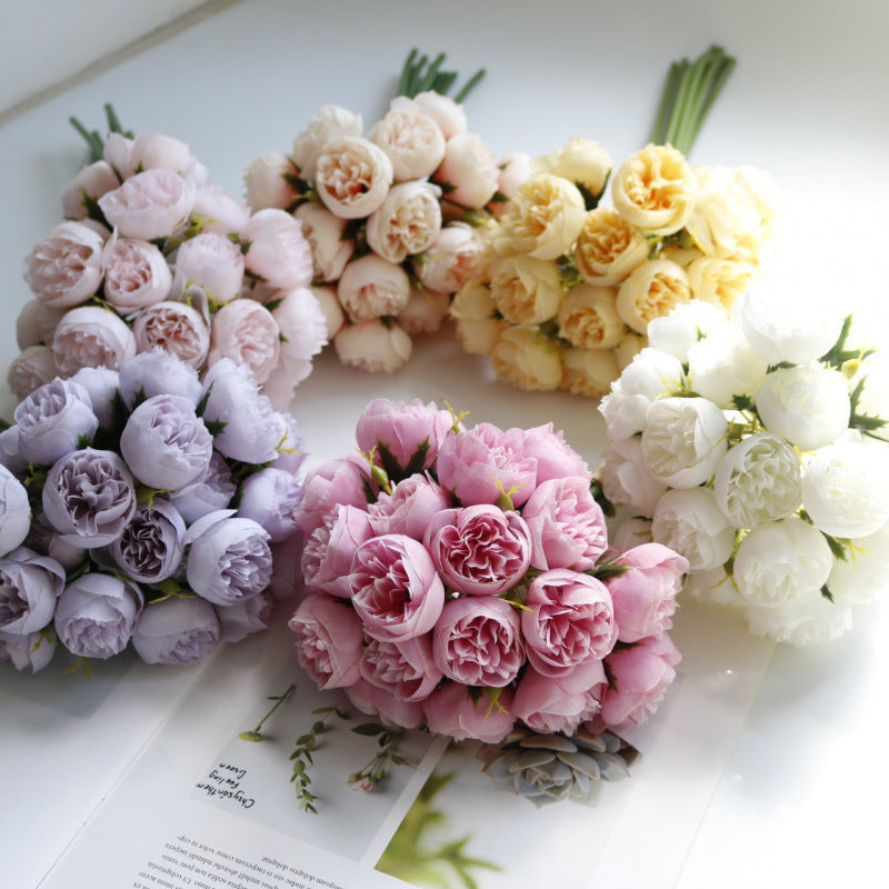 27 Head Artificial Tea Rose & Peony Bouquet – Silk Flowers for Wedding & Home Decor