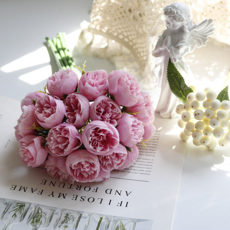 27 Head Artificial Tea Rose & Peony Bouquet – Silk Flowers for Wedding & Home Decor